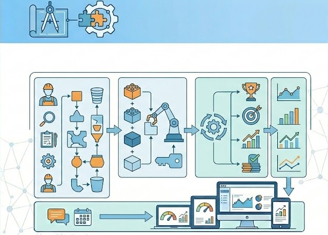 Conceptual blueprint and abstract architectural diagrams for Custom Software Development
