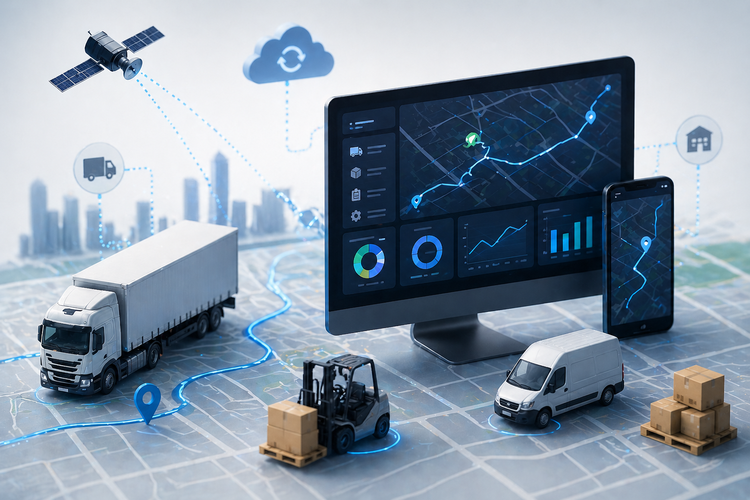 Conceptual photograph of command center monitor with detailed logistics map of Saudi Arabia for Shamel 360