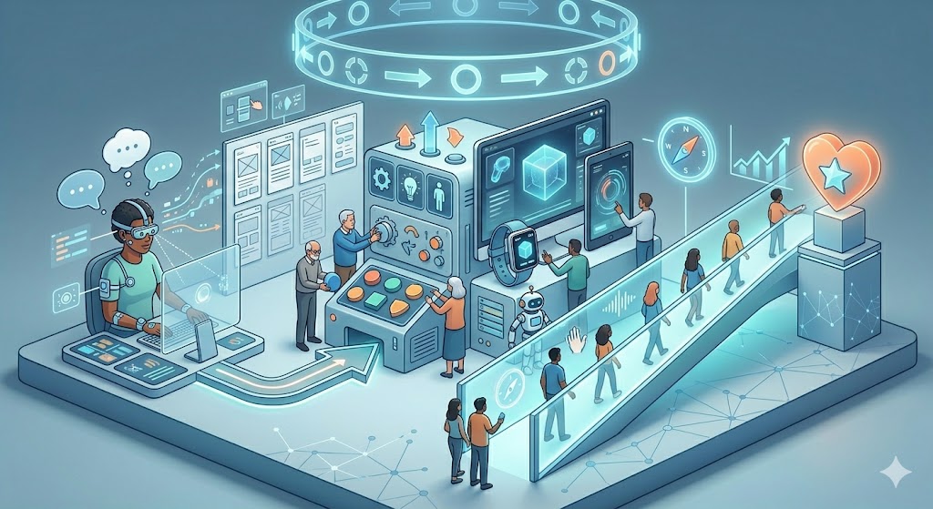 Sleek visualization of a complex modern design system on a large screen